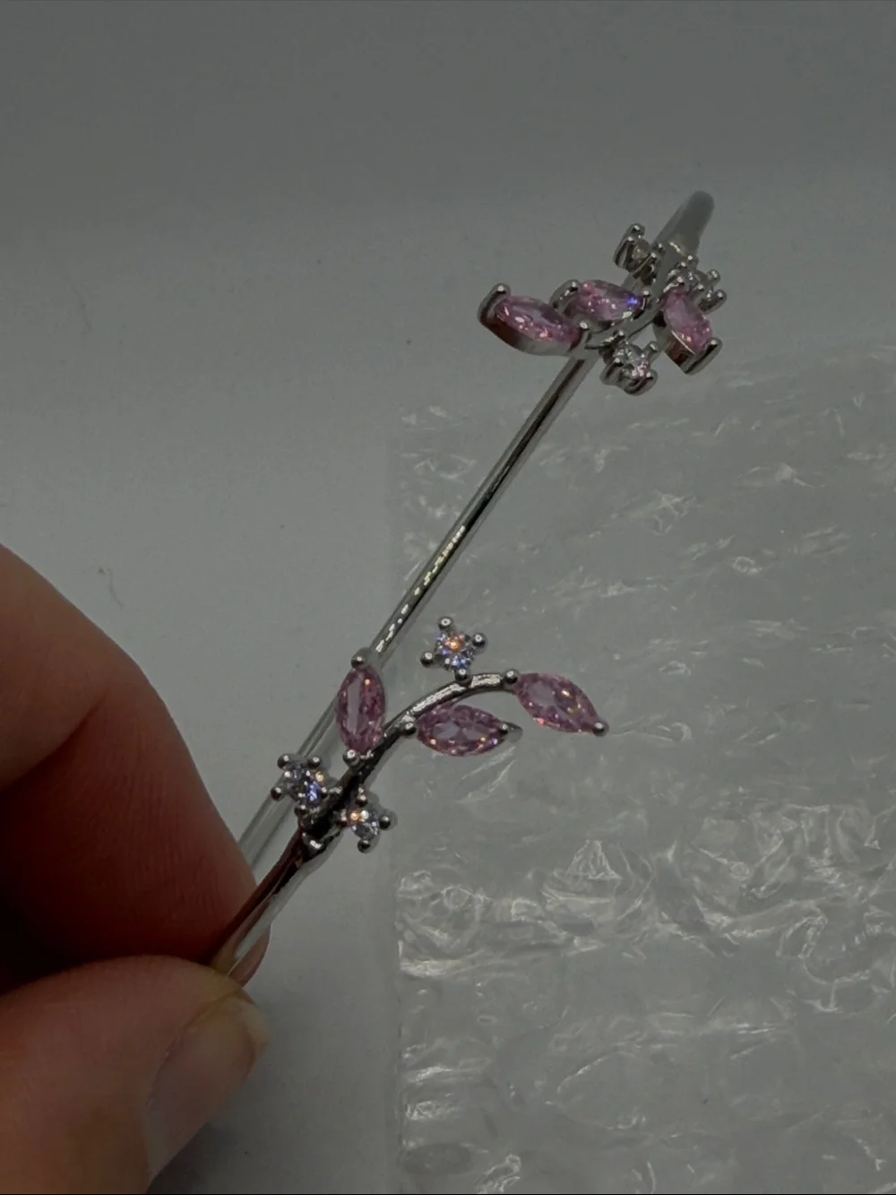 Delicate Pink Leaf Cuff Bracelet - Silver Tone